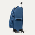 Blue suitcase with black handle and wheels on a white background
