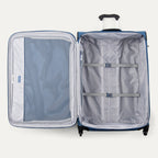 Open blue suitcase with interior organization panels on a white background