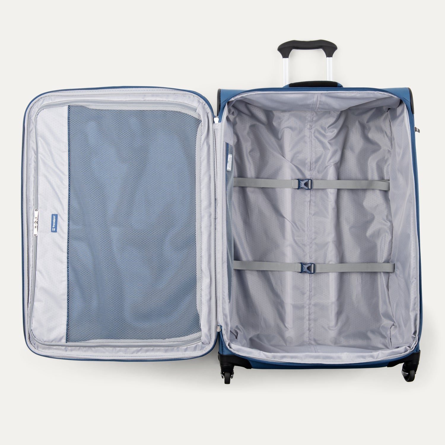 Open blue suitcase with interior organization panels on a white background