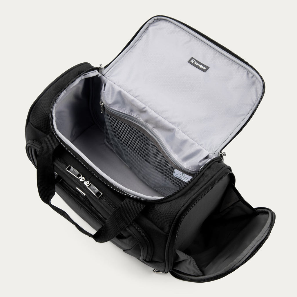 Black tote with open lid showing interior compartments on a white background