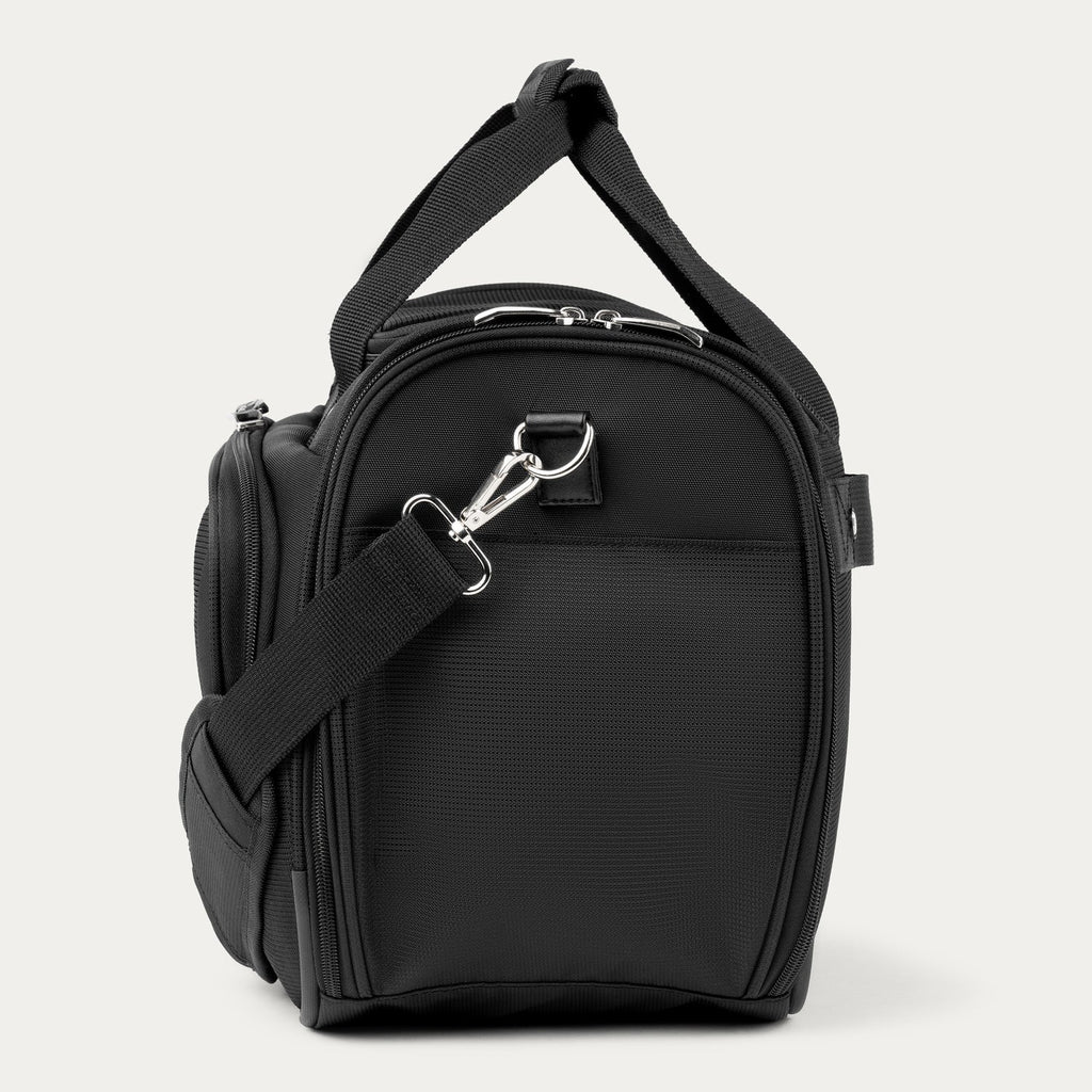 Side view of black tote with a shoulder strap on a white background 
