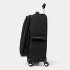 Side view of black suitcase 'Travelpro' branding on a white background