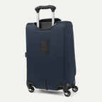Blue suitcase with wheels and a handle on white background