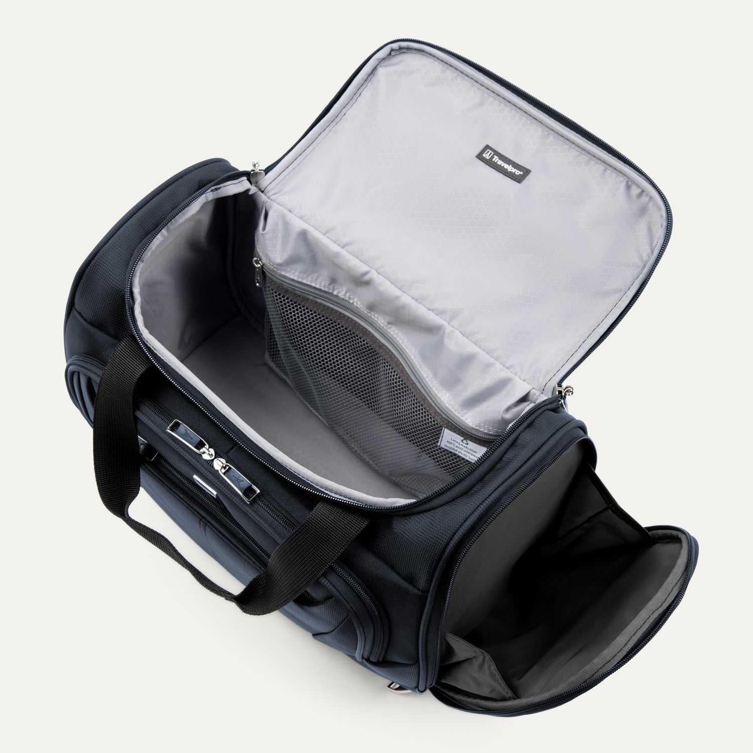 Open black tote with interior organization on a white background