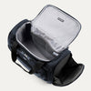 Open black tote with interior organization on a white background