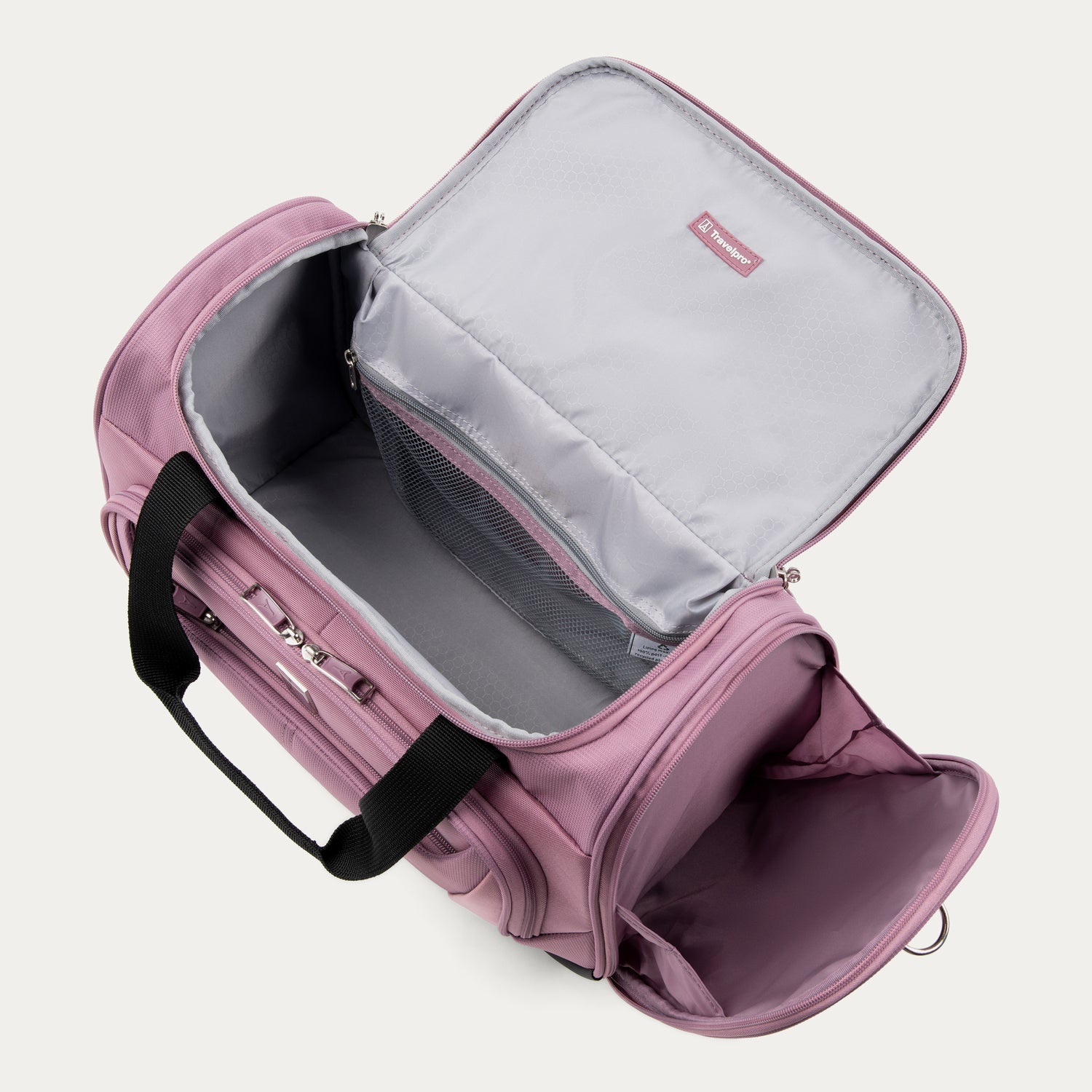 Pink tote with open lid on a white background