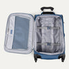 Open blue suitcase with interior organization panels on a white background