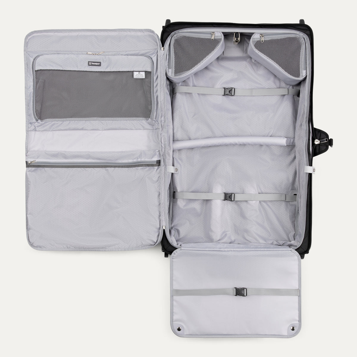 interior view of the open black travelpro maxlite 5 rolling carry-on garment bag showing the lay-flat design with padded straps, multiple mesh pockets, and built-in organization for suits and dresses.