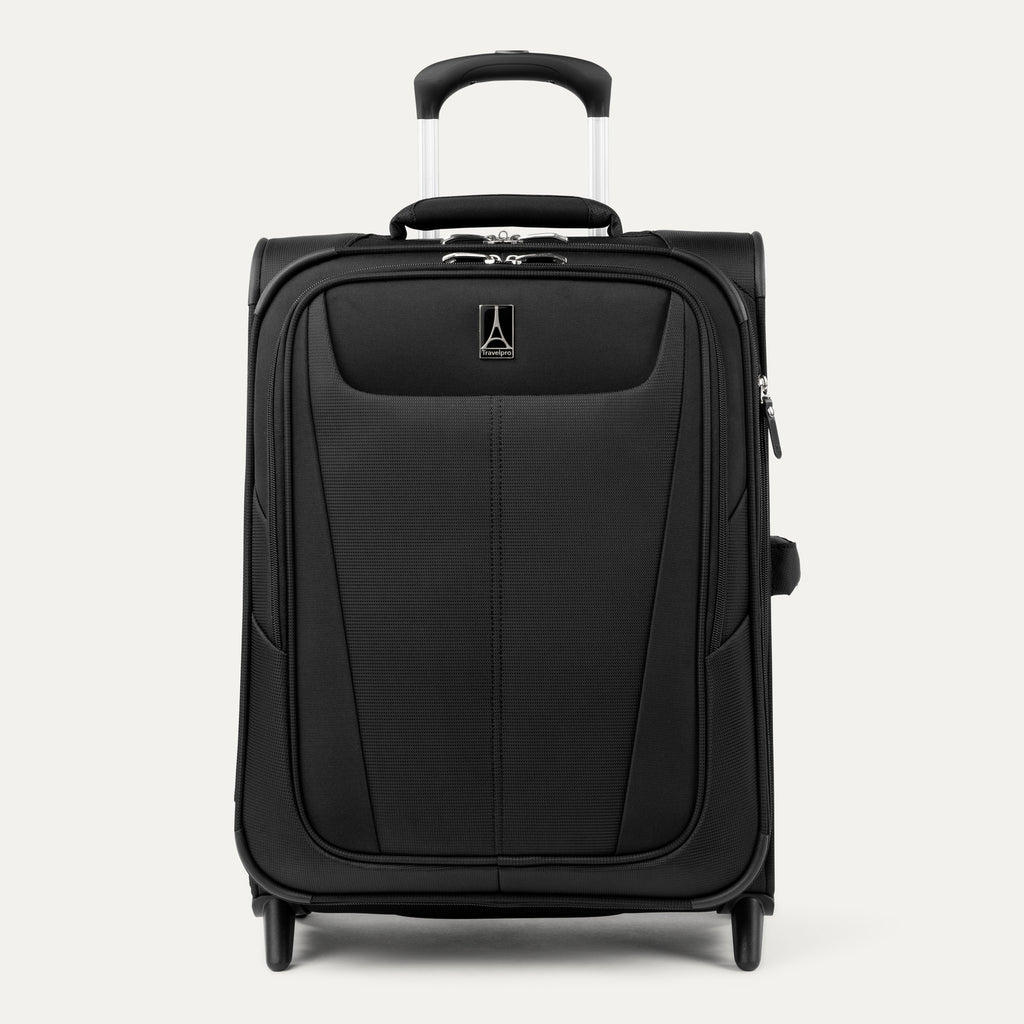 A black Travelpro Maxlite 5 international carry-on expandable rollaboard suitcase with four wheels and a telescopic handle.