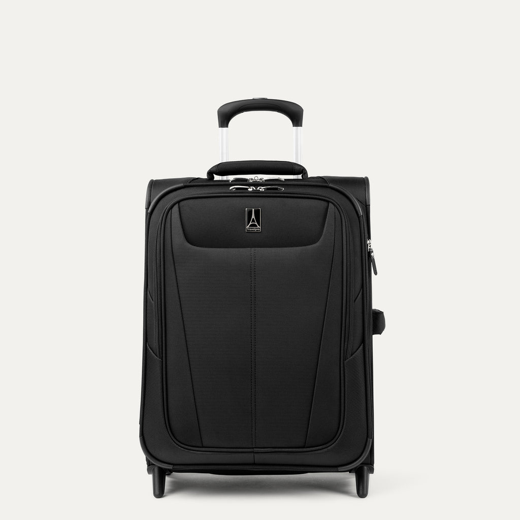 A black Travelpro Maxlite 5 international carry-on expandable rollaboard suitcase with four wheels and a telescopic handle.