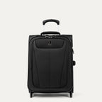 A black Travelpro Maxlite 5 international carry-on expandable rollaboard suitcase with four wheels and a telescopic handle.