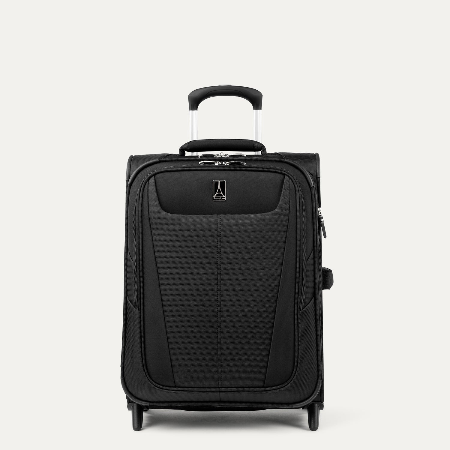 A black Travelpro Maxlite 5 international carry-on expandable rollaboard suitcase with four wheels and a telescopic handle.