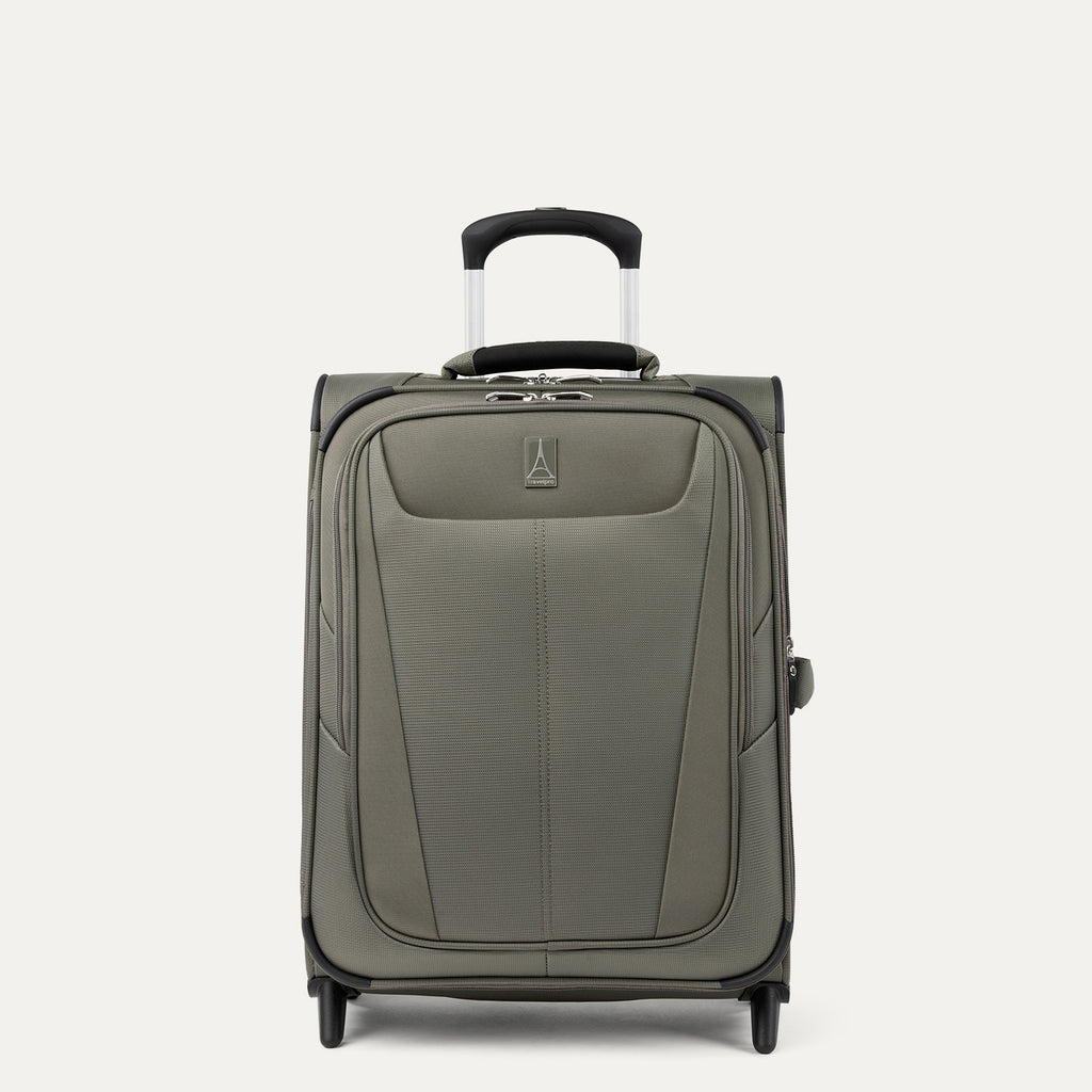 Front view of Maxlite 5 International Carry-On Expandable Spinner in Slate Green, featuring sleek contouring and 4-wheel spinners.