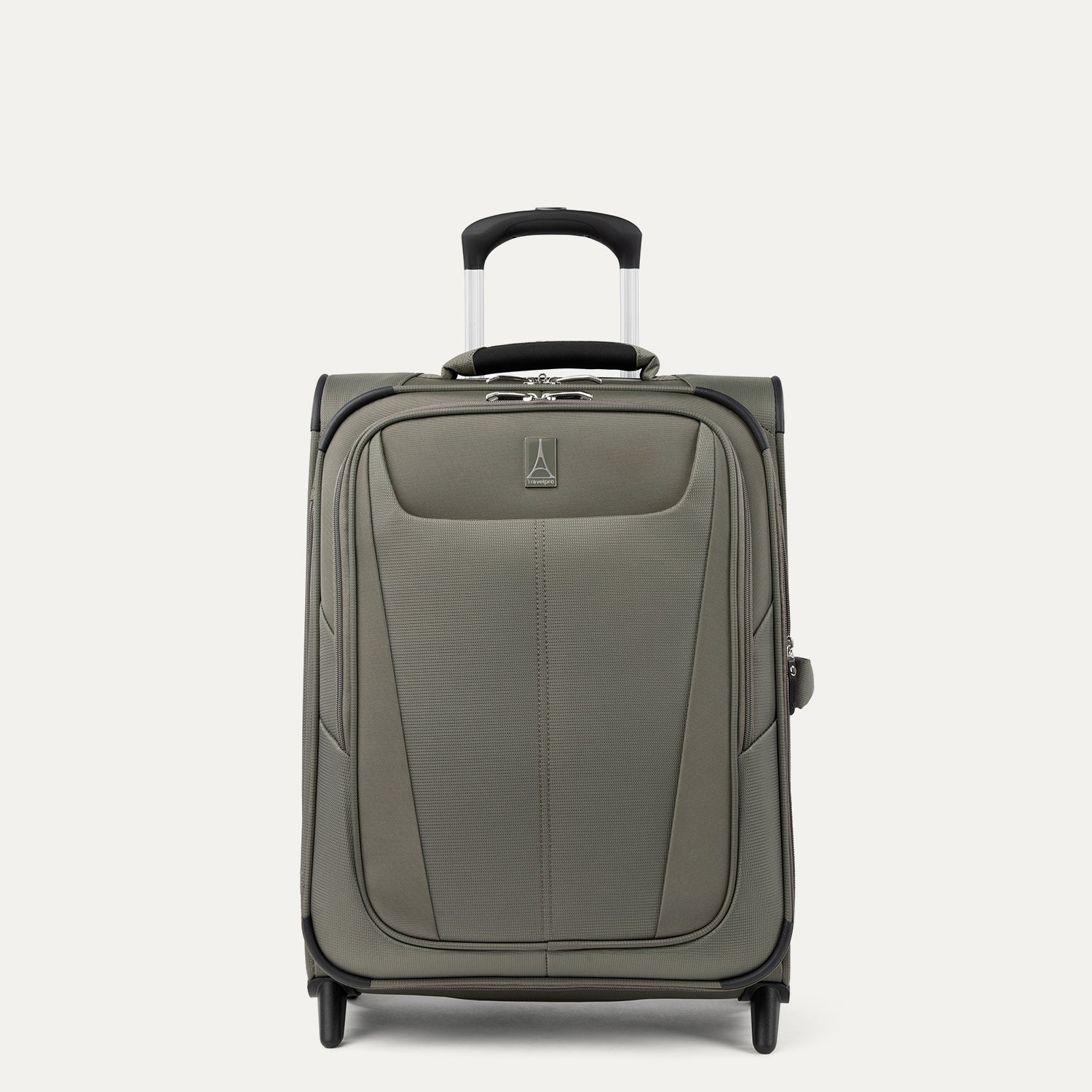 Front view of Maxlite 5 International Carry-On Expandable Spinner in Slate Green, featuring sleek contouring and 4-wheel spinners.