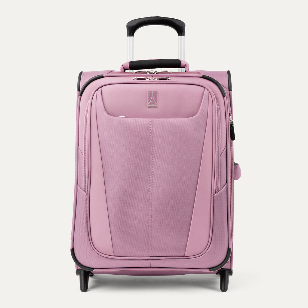 Front view of Maxlite 5 International Carry-On Expandable Spinner in Orchid Pink, featuring sleek contouring and 4-wheel spinners.