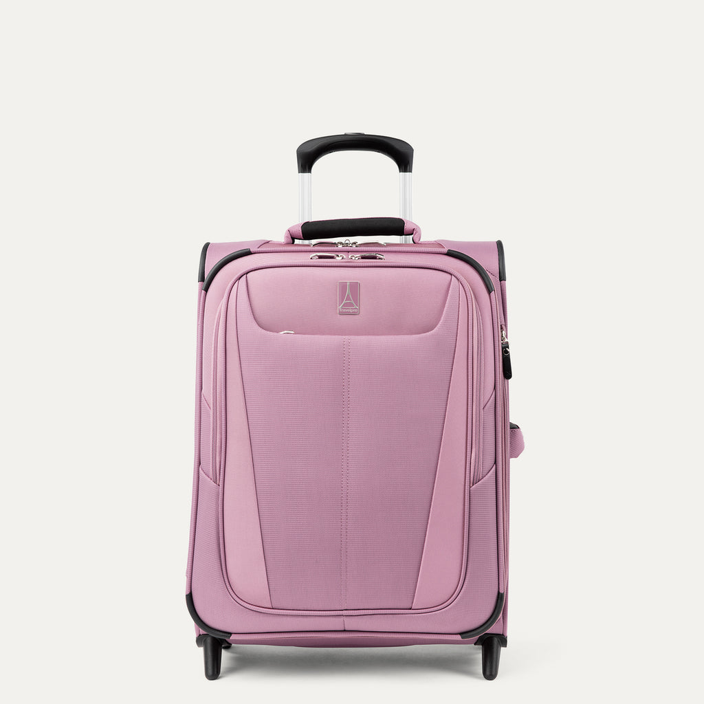 Front view of Maxlite 5 International Carry-On Expandable Spinner in Orchid Pink, featuring sleek contouring and 4-wheel spinners.