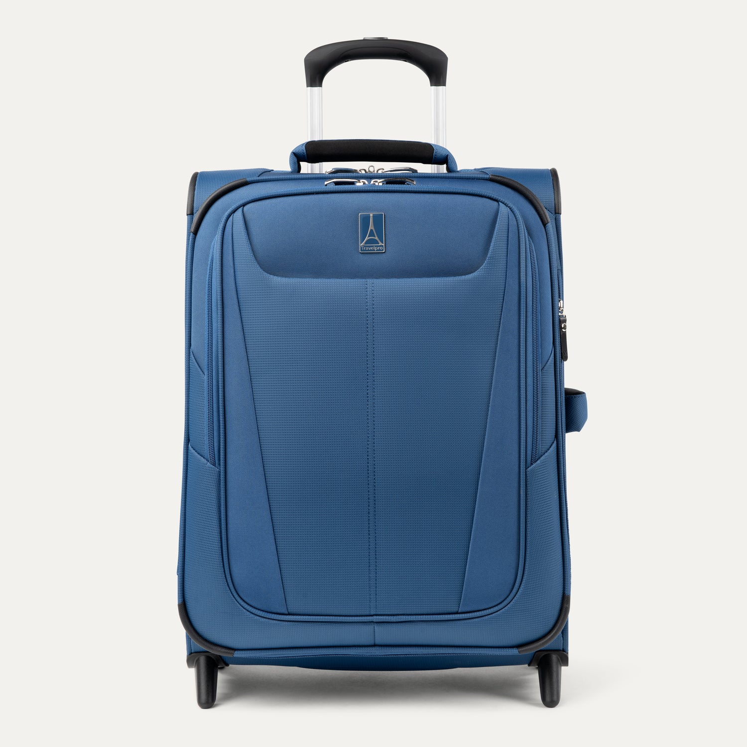 Front view of Maxlite 5 International Carry-On Expandable Spinner in Ensign Blue, featuring sleek contouring and 4-wheel spinners.