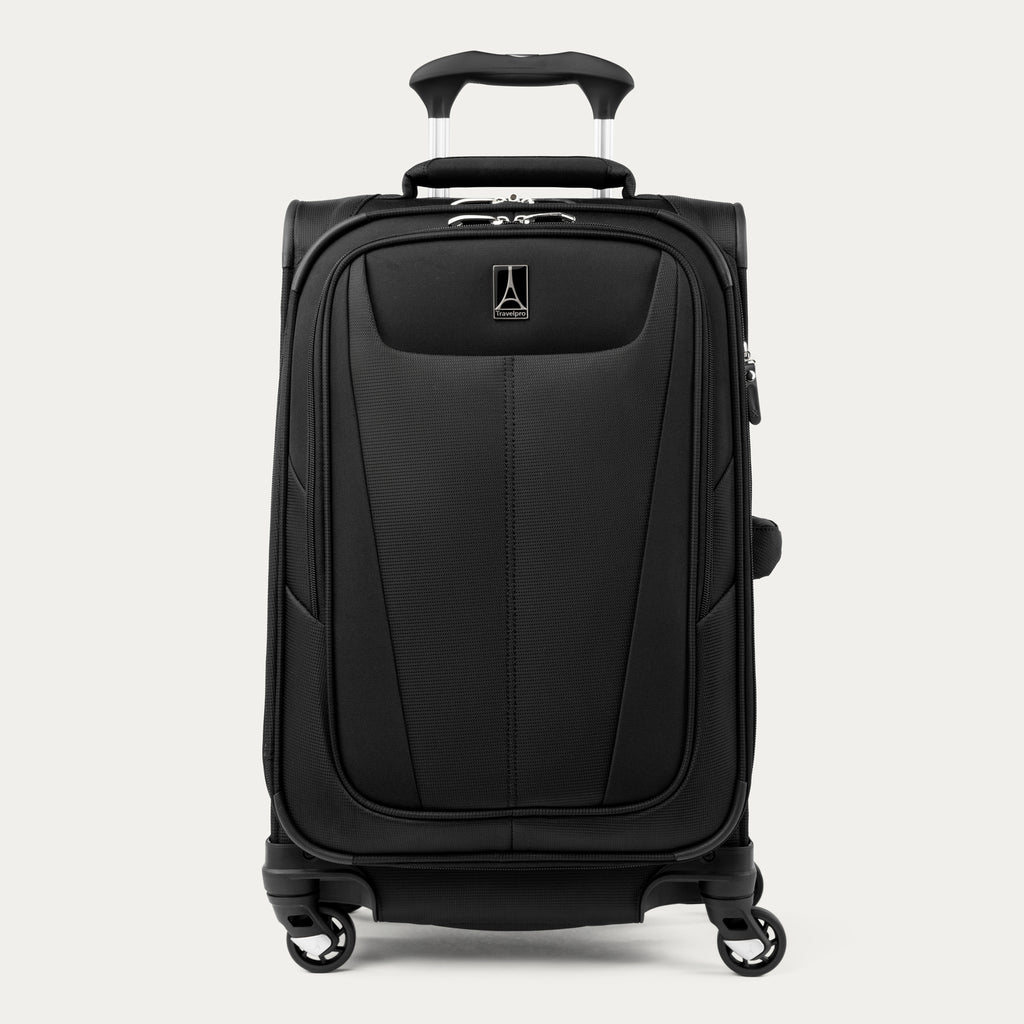 Front view of Maxlite 5 Carry-On Expandable Spinner in Black, equipped with smooth 4-wheel spinners and ergonomic top handle.