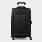 Front view of Maxlite 5 Carry-On Expandable Spinner in Black, equipped with smooth 4-wheel spinners and ergonomic top handle.