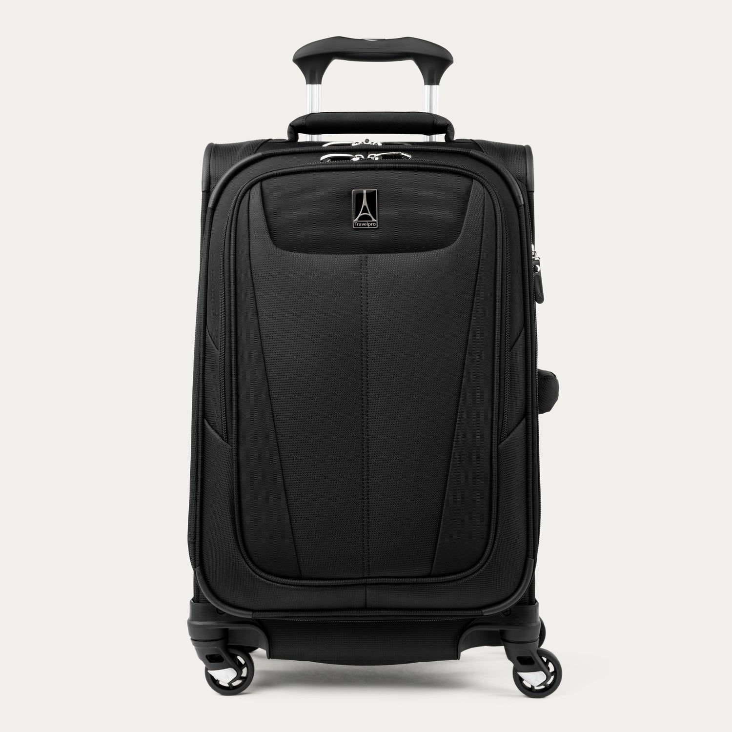 Front view of Maxlite 5 Carry-On Expandable Spinner in Black, equipped with smooth 4-wheel spinners and ergonomic top handle.