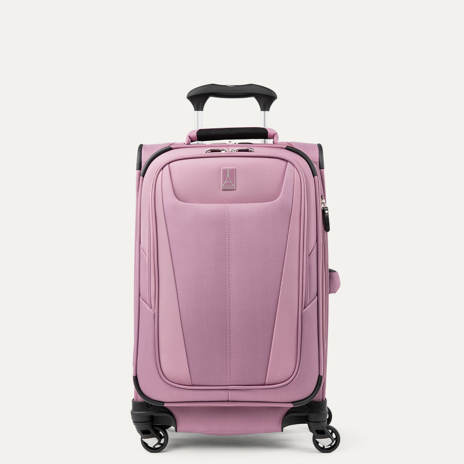 Front view of Maxlite 5 Carry-On Expandable Spinner in Orchid Pink, featuring smooth 4-wheel spinners and soft-edge design.

