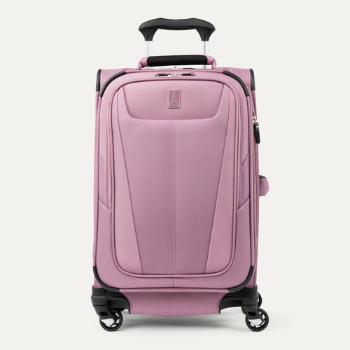 Front view of Maxlite 5 Carry-On Expandable Spinner in Orchid Pink, featuring smooth 4-wheel spinners and soft-edge design.
