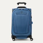 Front-facing Travelpro Maxlite 5 Carry-On Expandable Spinner in Ensign Blue, with curved zippered pocket and low-profile top carry handle.
