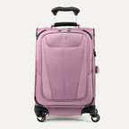 Front view of the dusty rose Maxlite 5 Compact Carry-On Spinner, showing the front zippered pocket, textured hardside/softside shell combination, and extended telescoping handle against a light gray background.