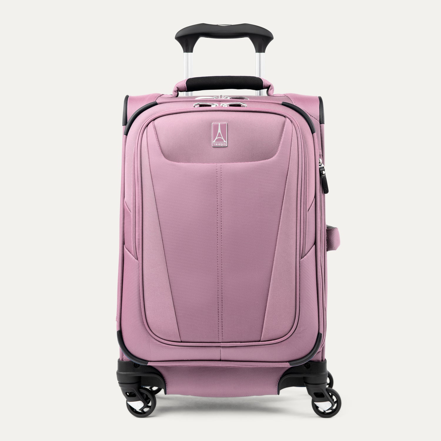 Front view of the dusty rose Maxlite 5 Compact Carry-On Spinner, showing the front zippered pocket, textured hardside/softside shell combination, and extended telescoping handle against a light gray background.