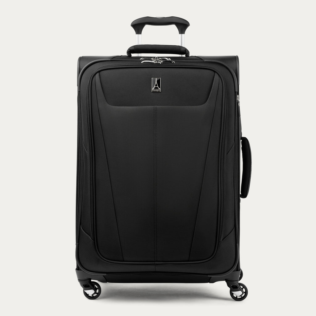 Front view of Maxlite 5 Medium Check-In Expandable Spinner in Black, featuring sleek contouring and 4-wheel spinners.