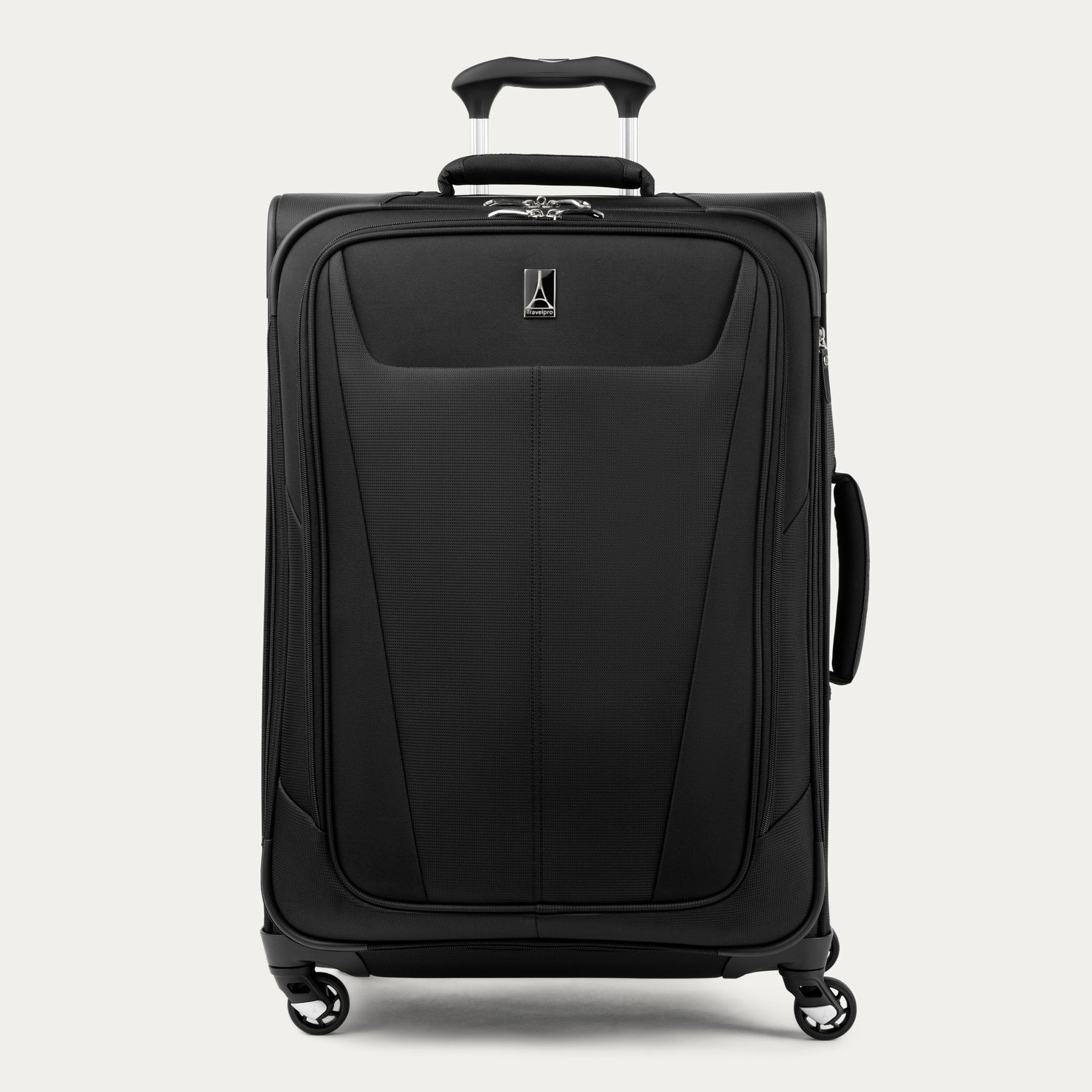 Front view of Maxlite 5 Medium Check-In Expandable Spinner in Black, featuring sleek contouring and 4-wheel spinners.