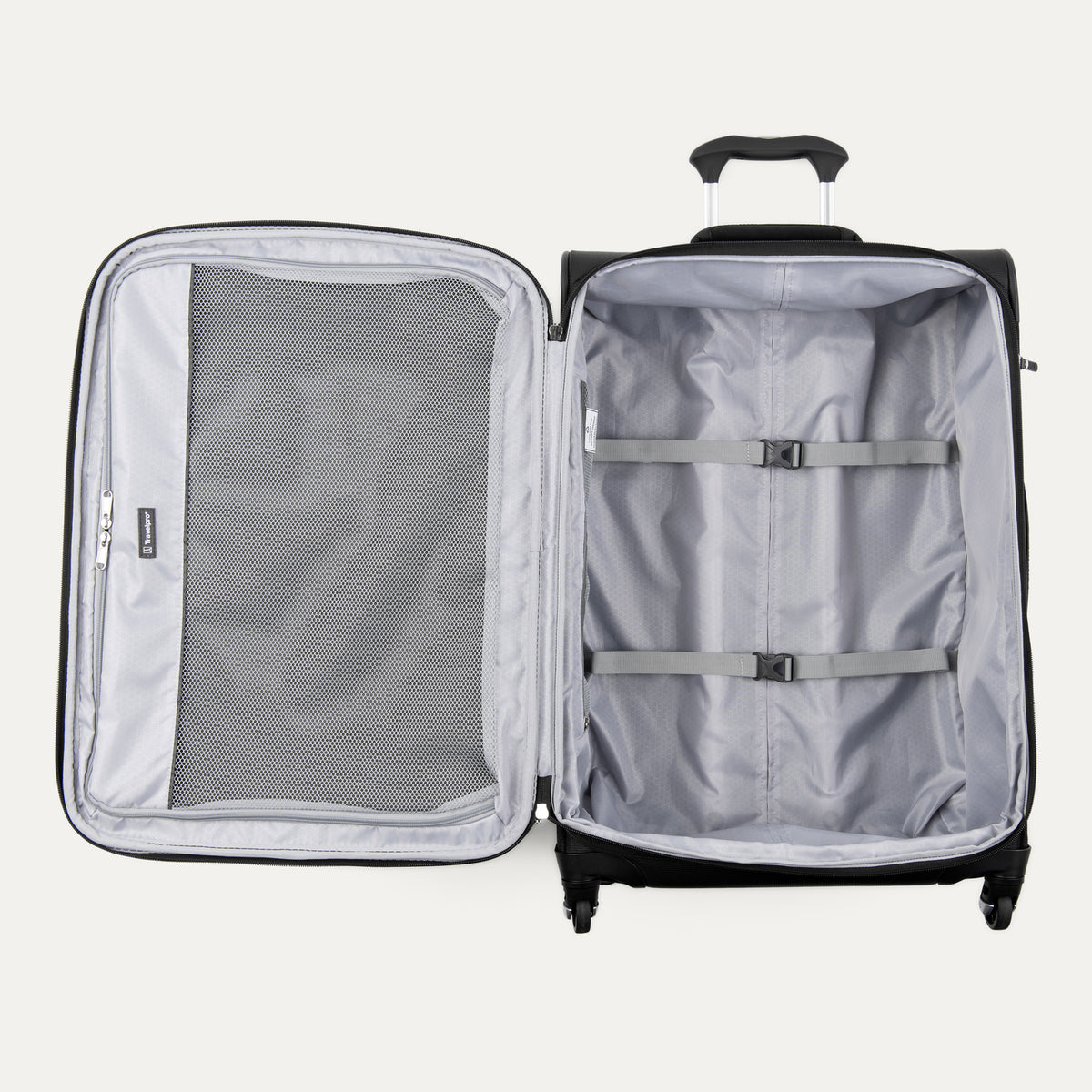 interior view of the open black travelpro maxlite 5 medium check-in spinner showing the light gray ecofab lining, a large interior mesh zippered lid pocket, and adjustable hold-down straps in the main compartment.