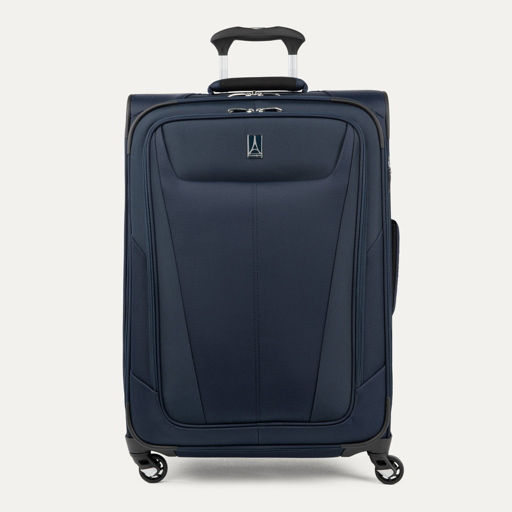 Front view of Maxlite 5 Medium Check-In Expandable Spinner in Midnight Blue, featuring sleek contouring and 4-wheel spinners.