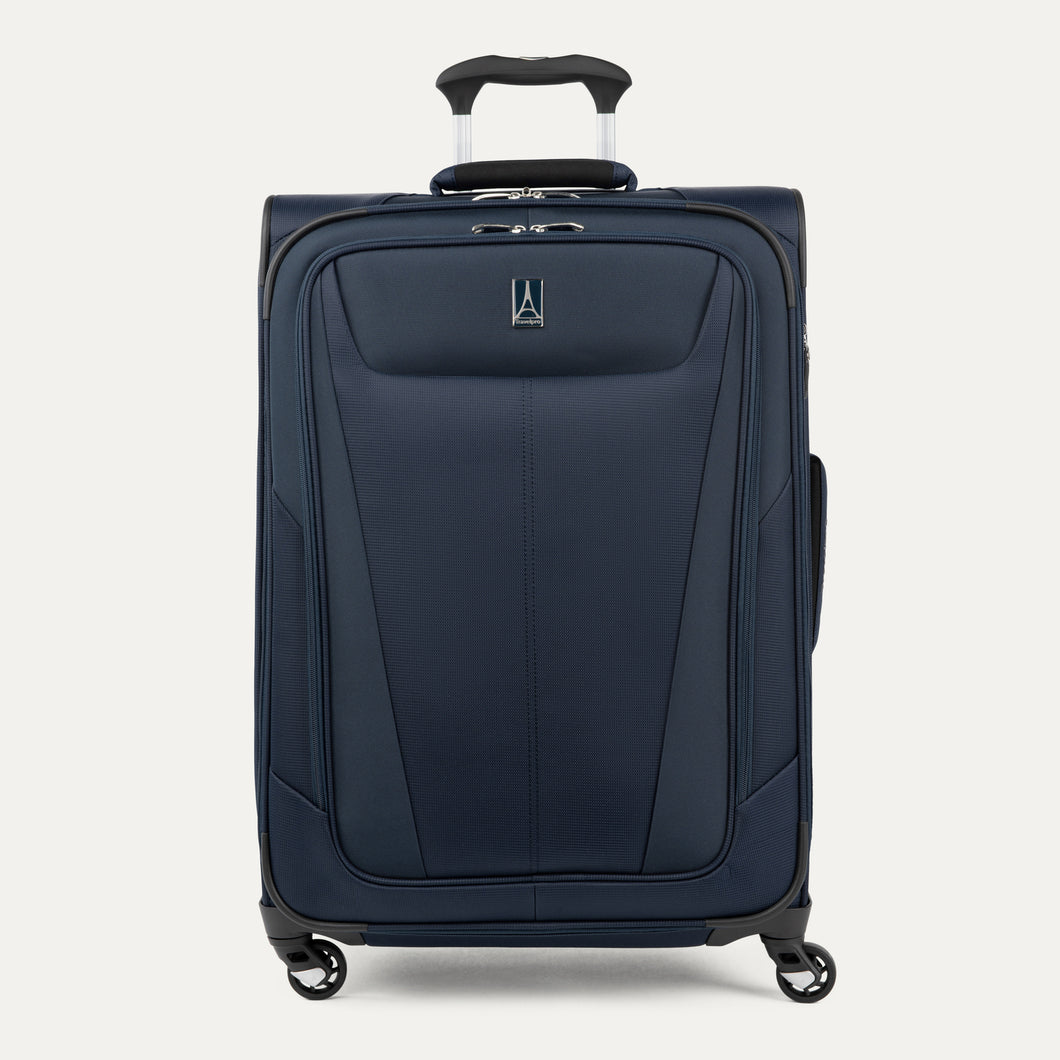 Front view of Maxlite 5 Medium Check-In Expandable Spinner in Midnight Blue, featuring sleek contouring and 4-wheel spinners.