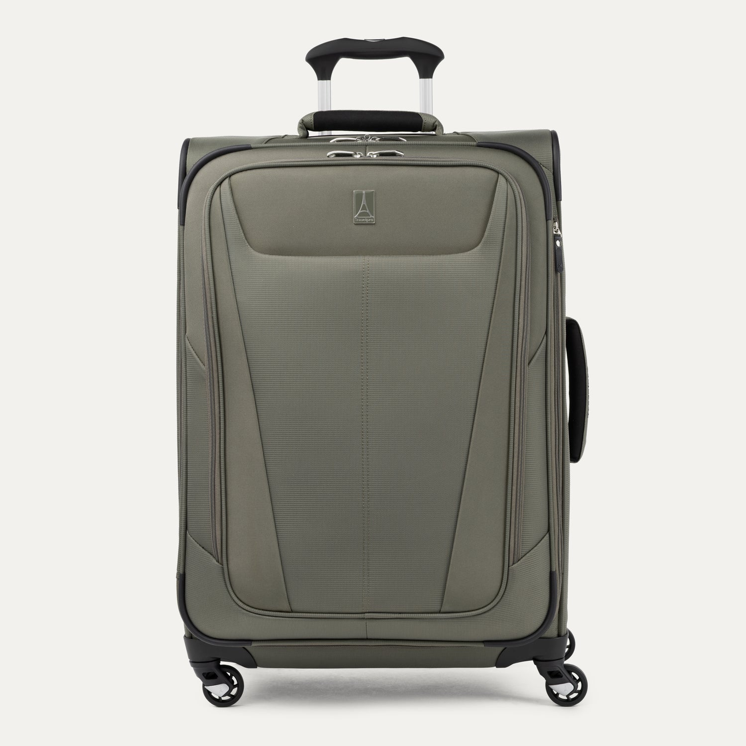 Front view of Maxlite 5 Medium Check-In Expandable Spinner in Slate Green, featuring sleek contouring and 4-wheel spinners.