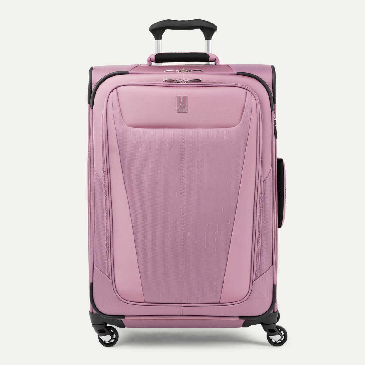 Front view of Maxlite 5 Medium Check-In Expandable Spinner in Orchid Pink, featuring sleek contouring and 4-wheel spinners.