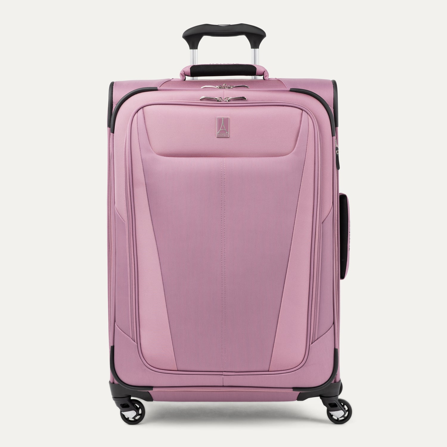 Front view of Maxlite 5 Medium Check-In Expandable Spinner in Orchid Pink, featuring sleek contouring and 4-wheel spinners.