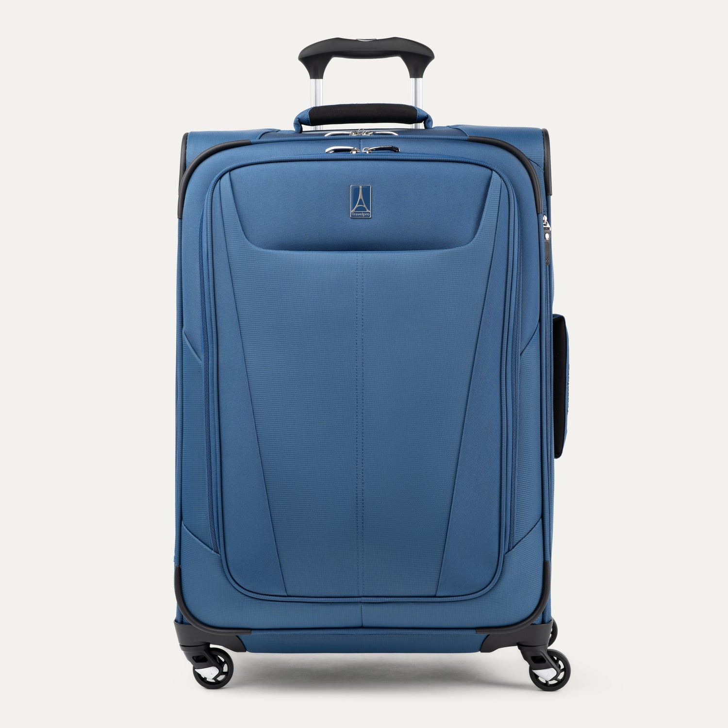 Front view of Maxlite 5 Medium Check-In Expandable Spinner in Ensign Blue, featuring sleek contouring and 4-wheel spinners.
