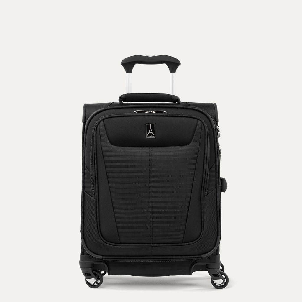 Front view of Maxlite 5 International Carry-On Expandable Spinner in Black, featuring sleek contouring and 4-wheel spinners.