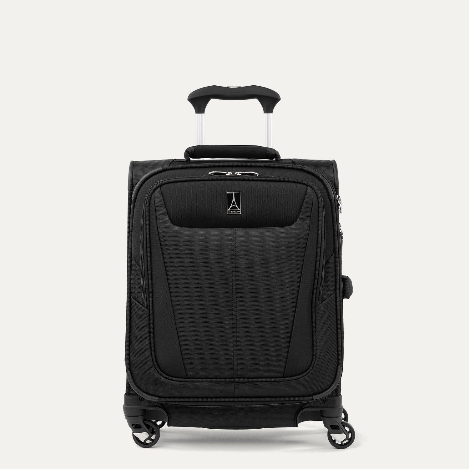 Front view of Maxlite 5 International Carry-On Expandable Spinner in Black, featuring sleek contouring and 4-wheel spinners.