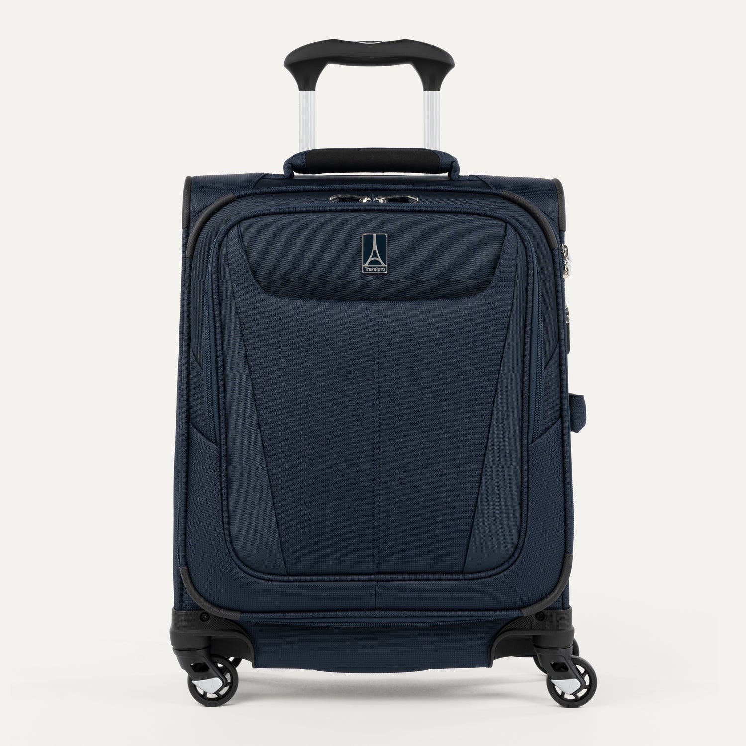Front view of Maxlite 5 International Carry-On Expandable Spinner in Midnight Blue, featuring sleek contouring and 4-wheel spinners.


