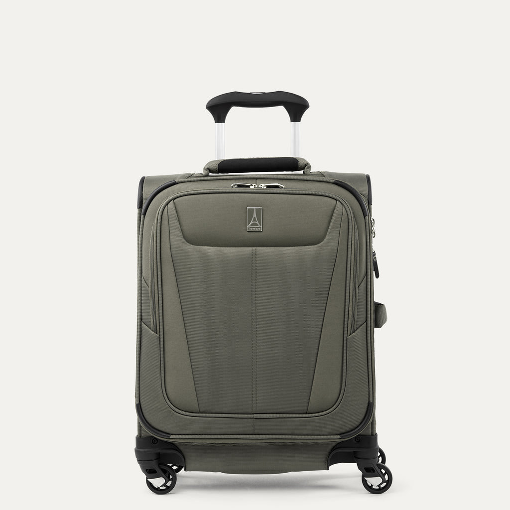 Front view of Maxlite 5 International Carry-On Expandable Spinner in Slate Green, featuring sleek contouring and 4-wheel spinners.