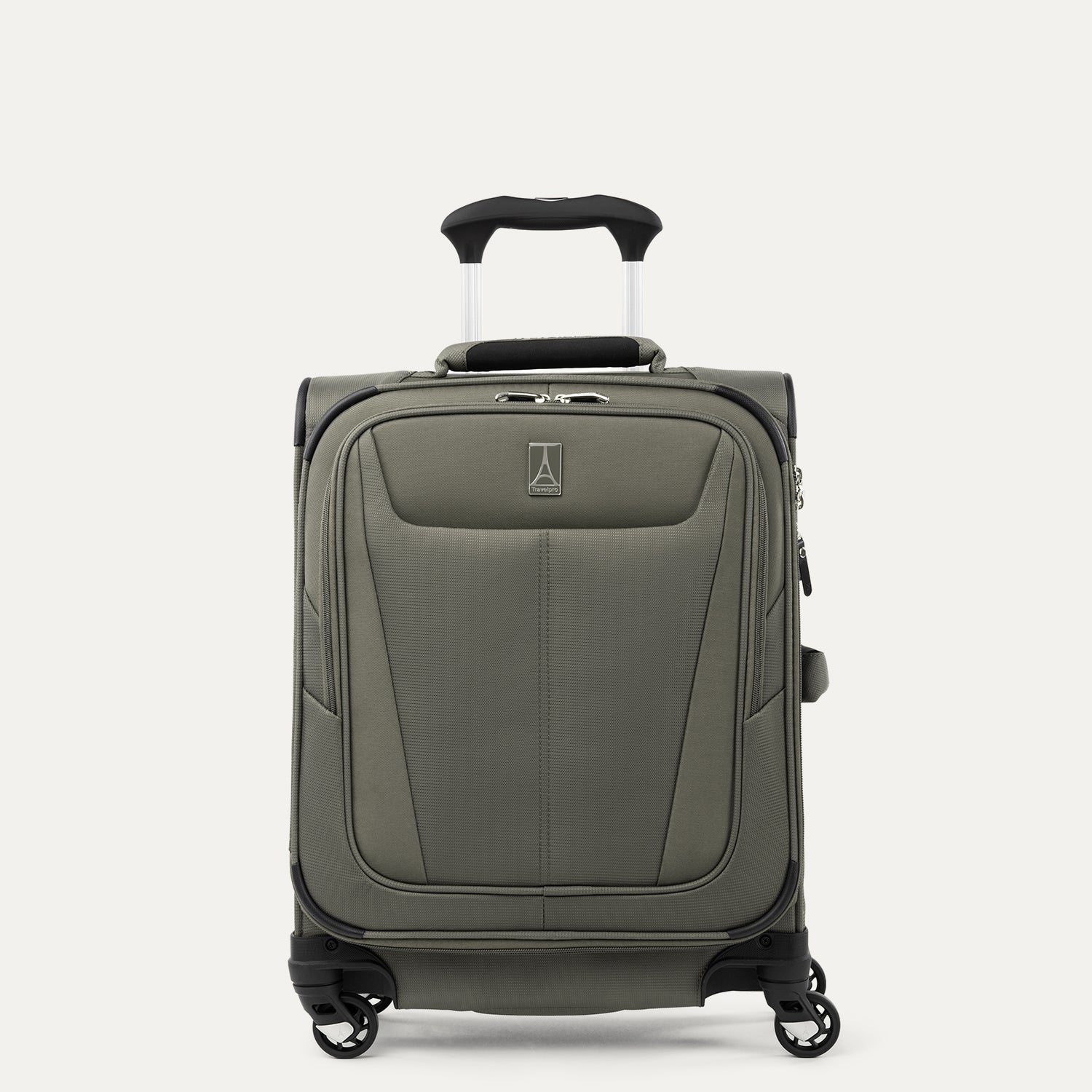 Front view of Maxlite 5 International Carry-On Expandable Spinner in Slate Green, featuring sleek contouring and 4-wheel spinners.