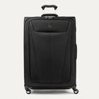 Front view of Maxlite 5 Large Check-In Expandable Spinner in Black, offering smooth mobility and minimalist style.
