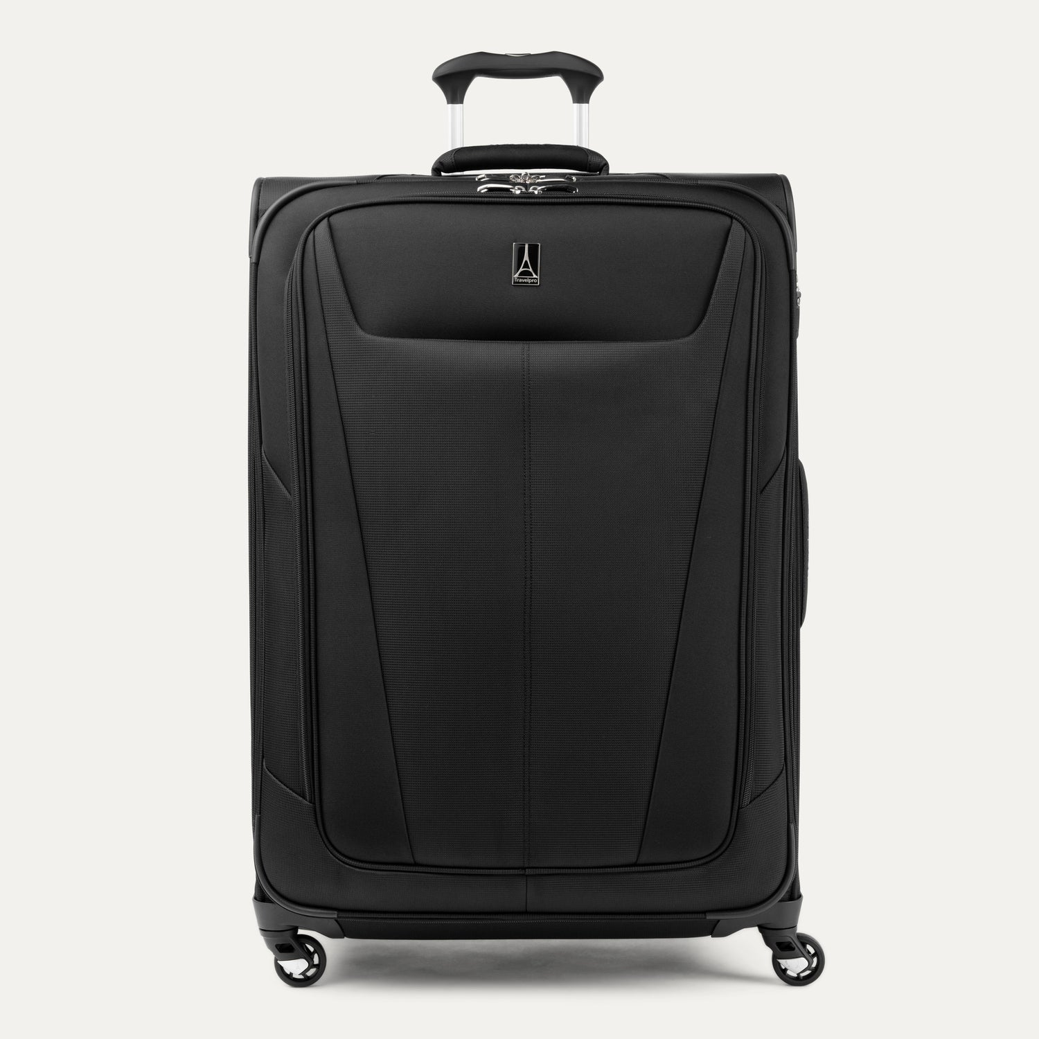 Front view of Maxlite 5 Large Check-In Expandable Spinner in Black, offering smooth mobility and minimalist style.