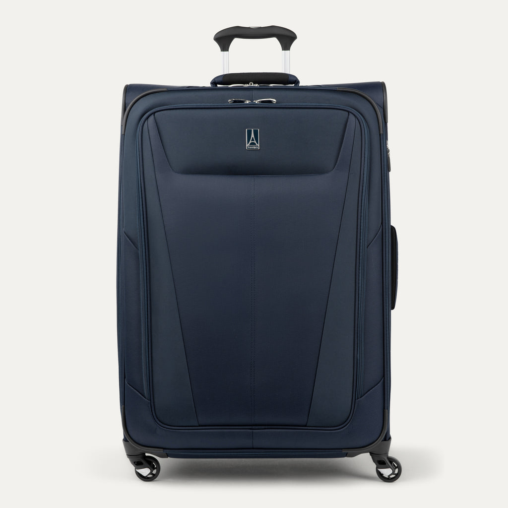 Front view of Maxlite 5 Large Check-In Expandable Spinner in Midnight Blue, offering smooth mobility and minimalist style.