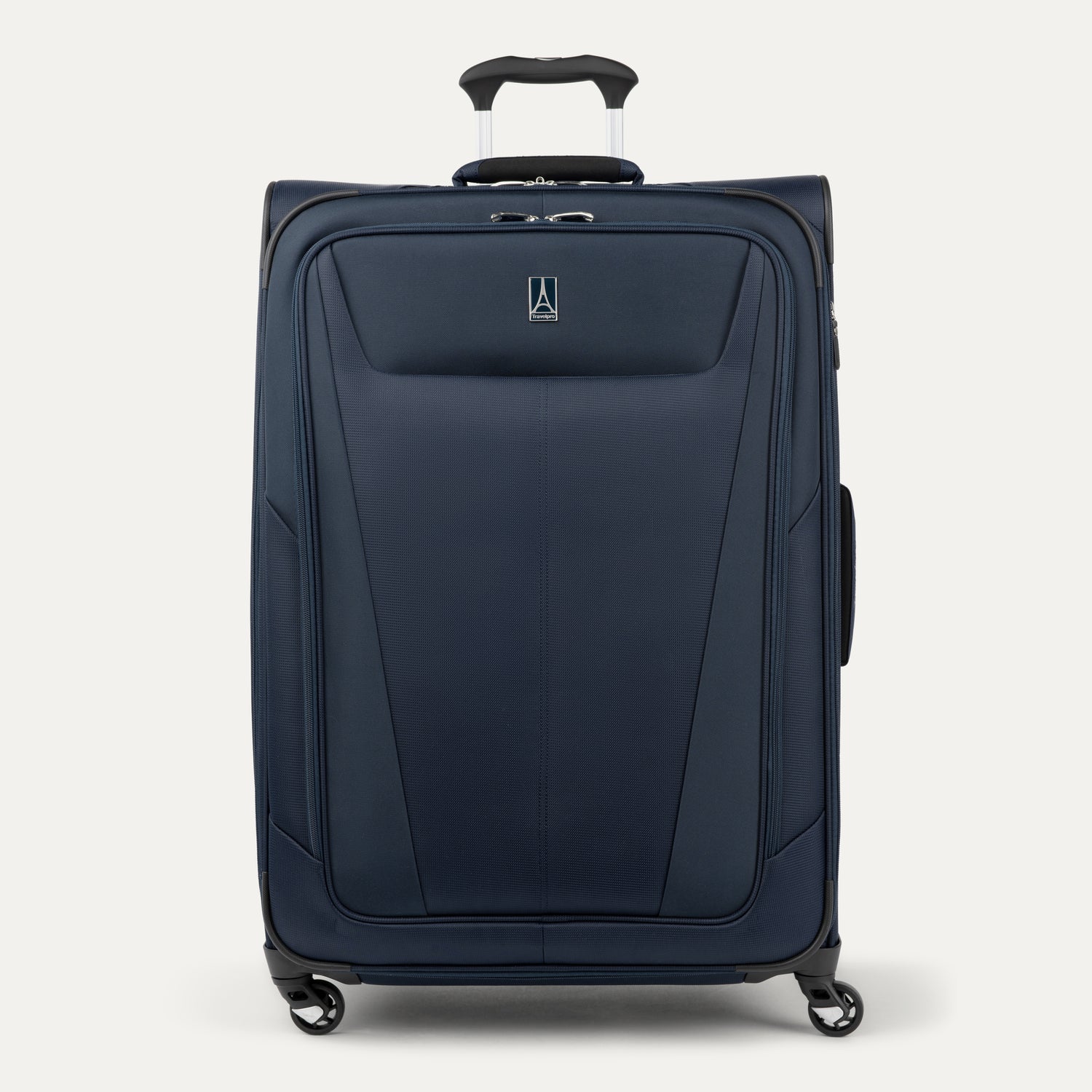 Front view of Maxlite 5 Large Check-In Expandable Spinner in Midnight Blue, offering smooth mobility and minimalist style.
