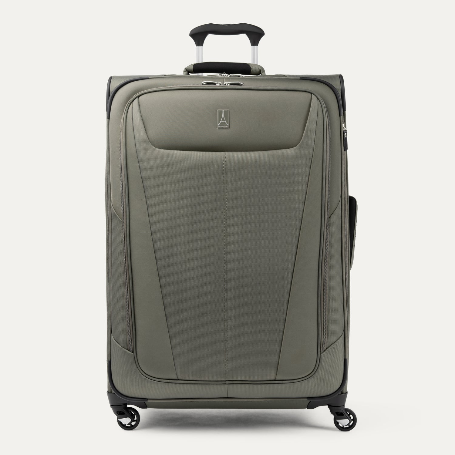 Front view of Maxlite 5 Large Check-In Expandable Spinner in Slate Green, offering smooth mobility and minimalist style.