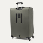 rear view of the slate green travelpro maxlite 5 large check-in spinner showing the adjustable powerscope lite handle and the integrated rear identification pocket.