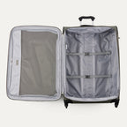 interior view of the open slate green travelpro maxlite 5 large check-in spinner showing the gray ecofab lining, adjustable hold-down straps, and a large mesh lid pocket for organization.